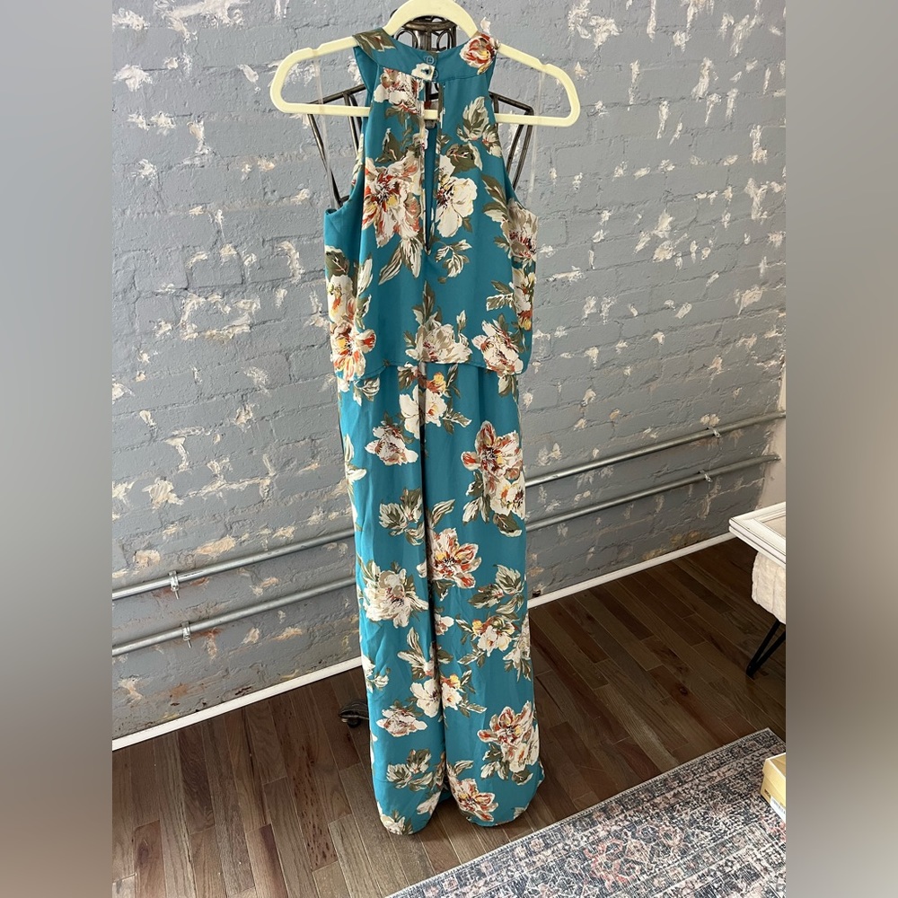 JUMPSUIT! Super cute and light, cornflower blue floral pattern